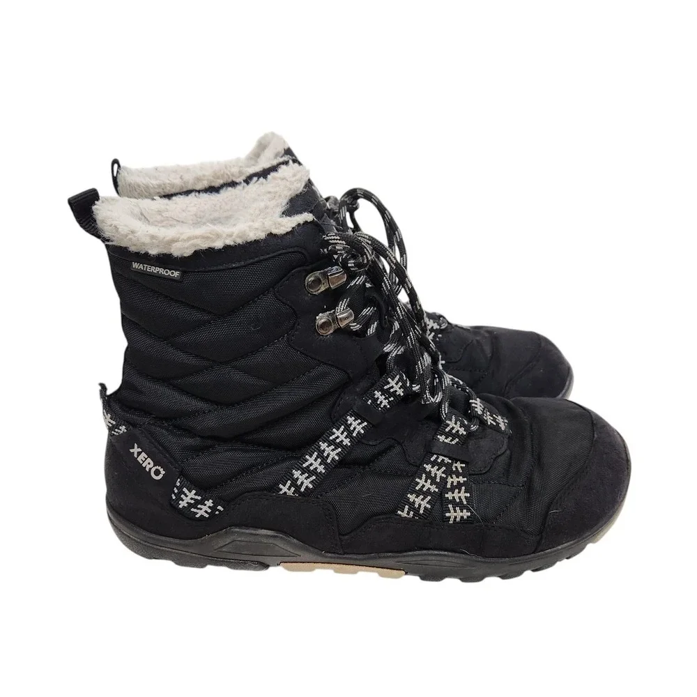 XERO SHOES Alpine Boots Womens 10.5 41 Black Waterproof Snow Winter Faux Fur